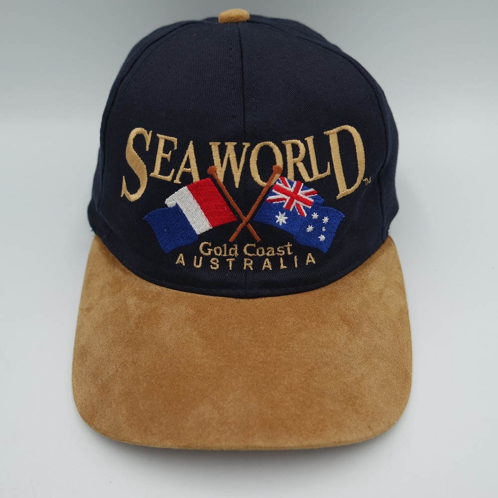 Vintage Sea World Gold Coast Australia Navy Blue Hat Suede Brim Adjustable Cap